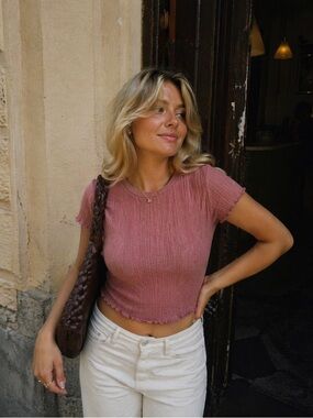 Philosophy Pink Y2K 90s Short Sleeve Ribbed Babydoll Tee Ruffled Hems Size M
